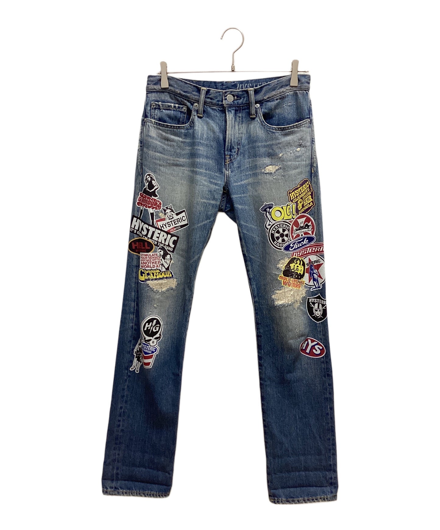 [Pre-owned] Hysteric Glamour Sticker Print Damaged Denim Pants 02211AP15