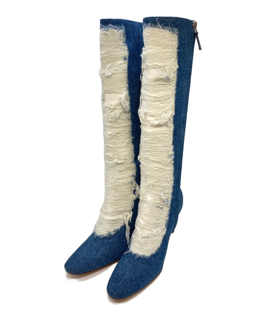 [Pre-owned] LOEWE Ripped denim long boots L815285X36