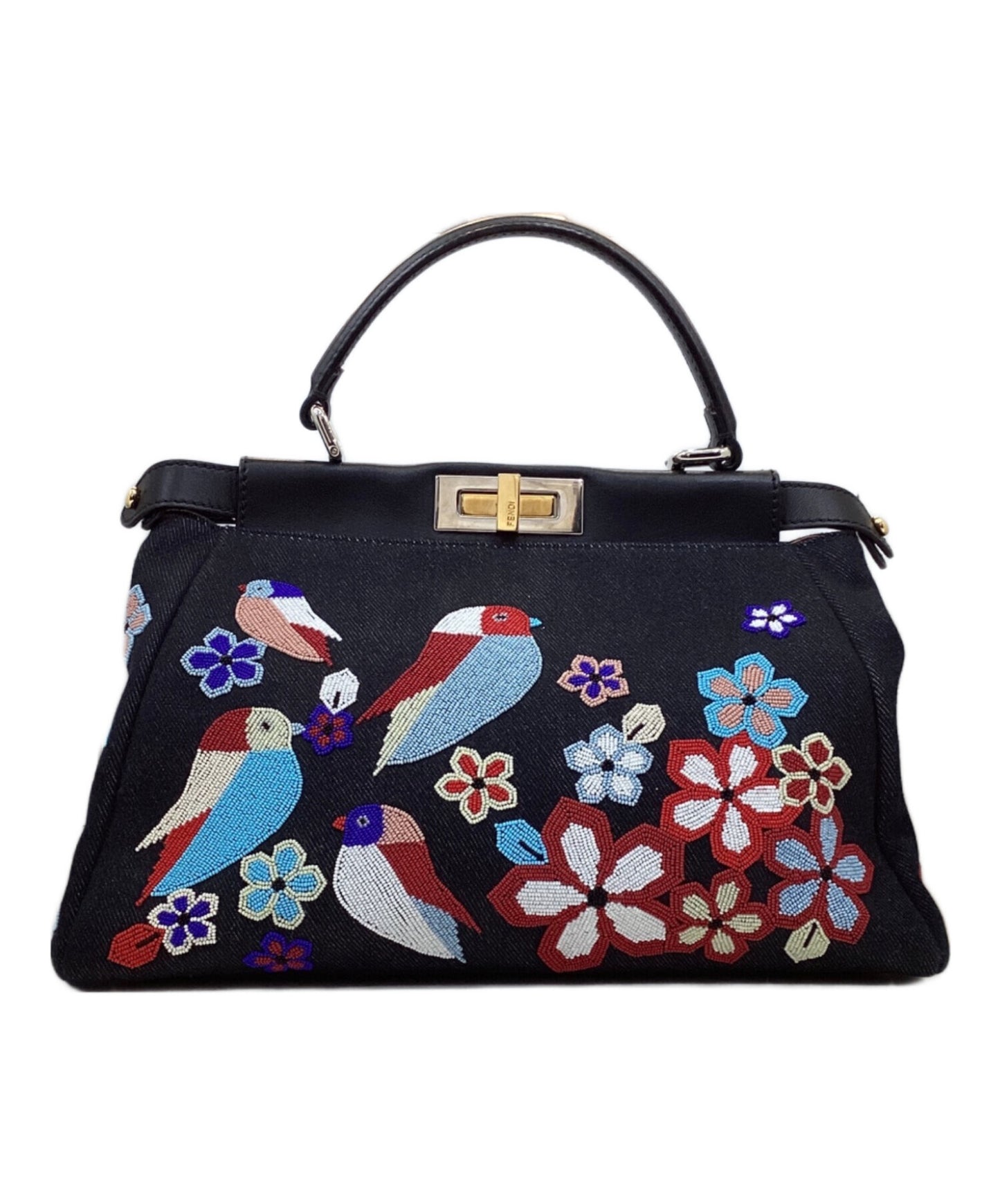 [Pre-owned] FENDI Denim Vitello Dolce Qu Tweet Beade Denim Leather Peekaboo Medium Handbag 8BN226