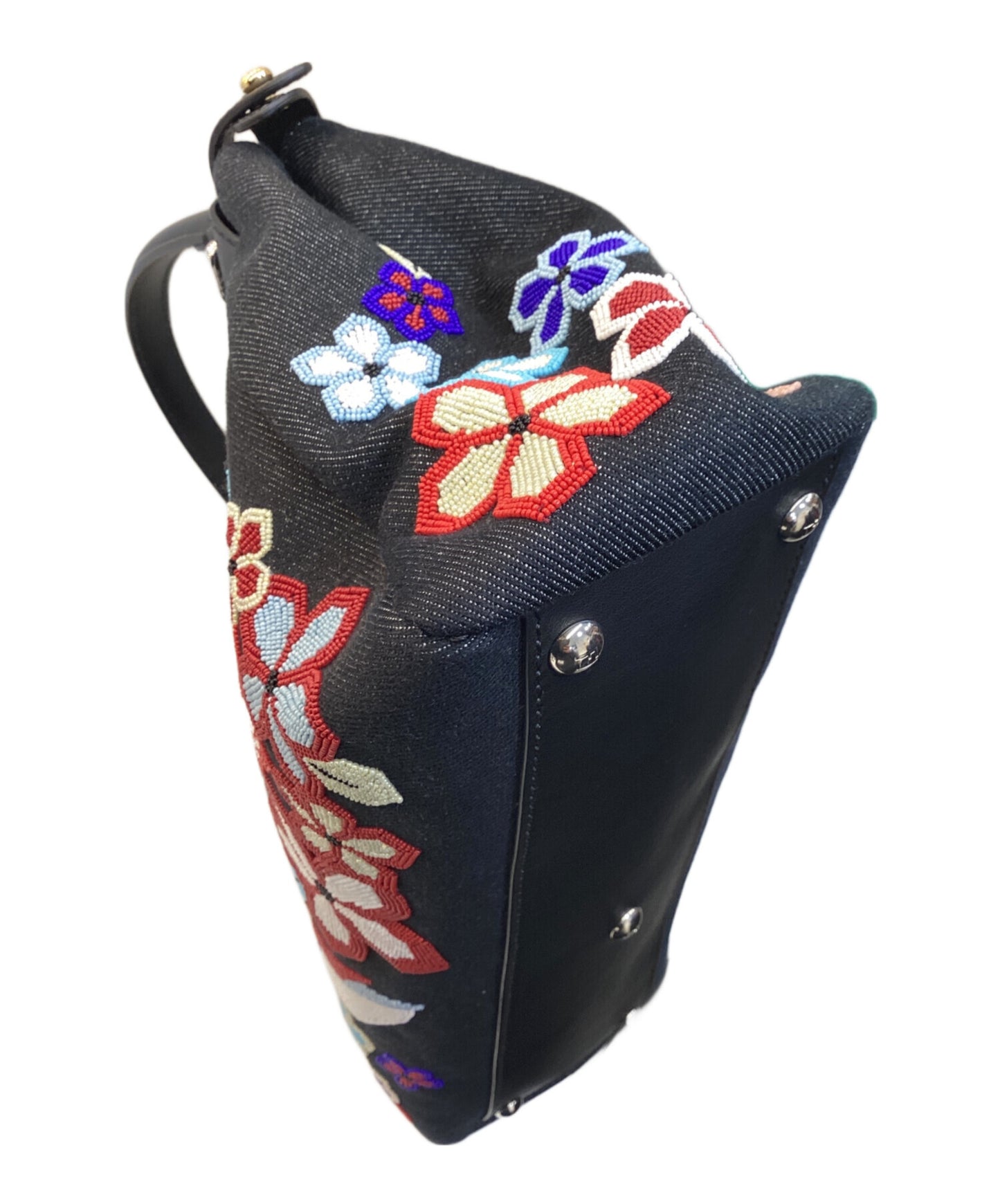 [Pre-owned] FENDI Denim Vitello Dolce Qu Tweet Beade Denim Leather Peekaboo Medium Handbag 8BN226