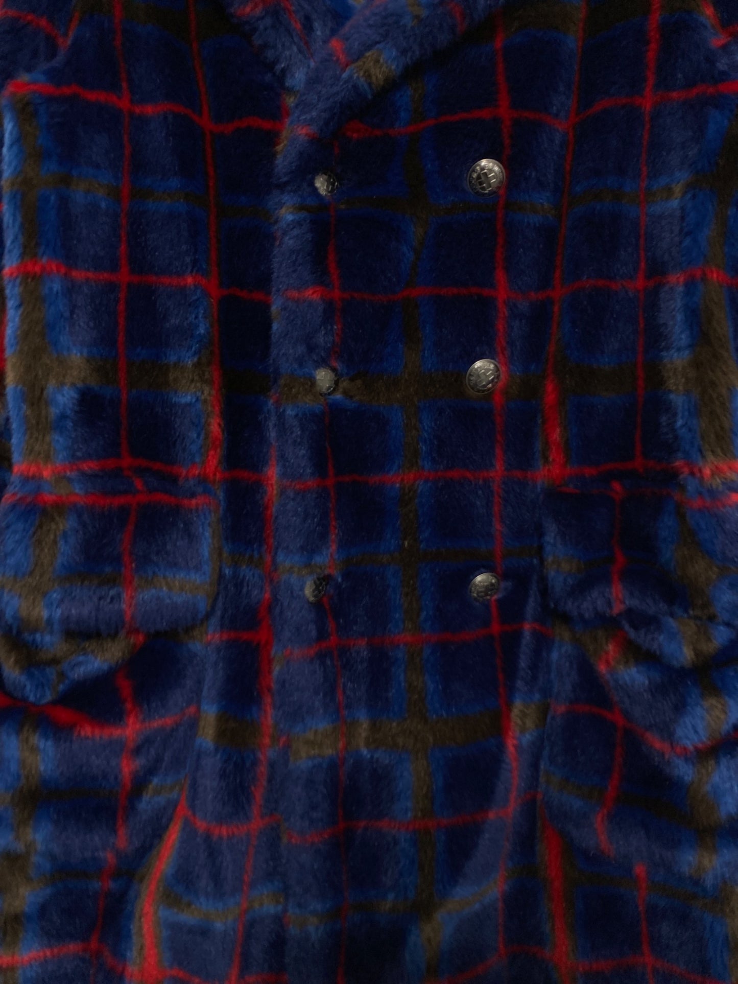 [Pre-owned] SUPREME DOUBLE Breasted Plaid Faux Fur COAT Blue